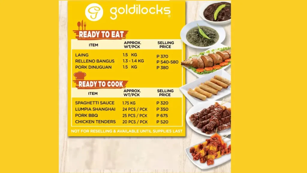 Meals and Savory Dishes Goldilocks Menu Prices